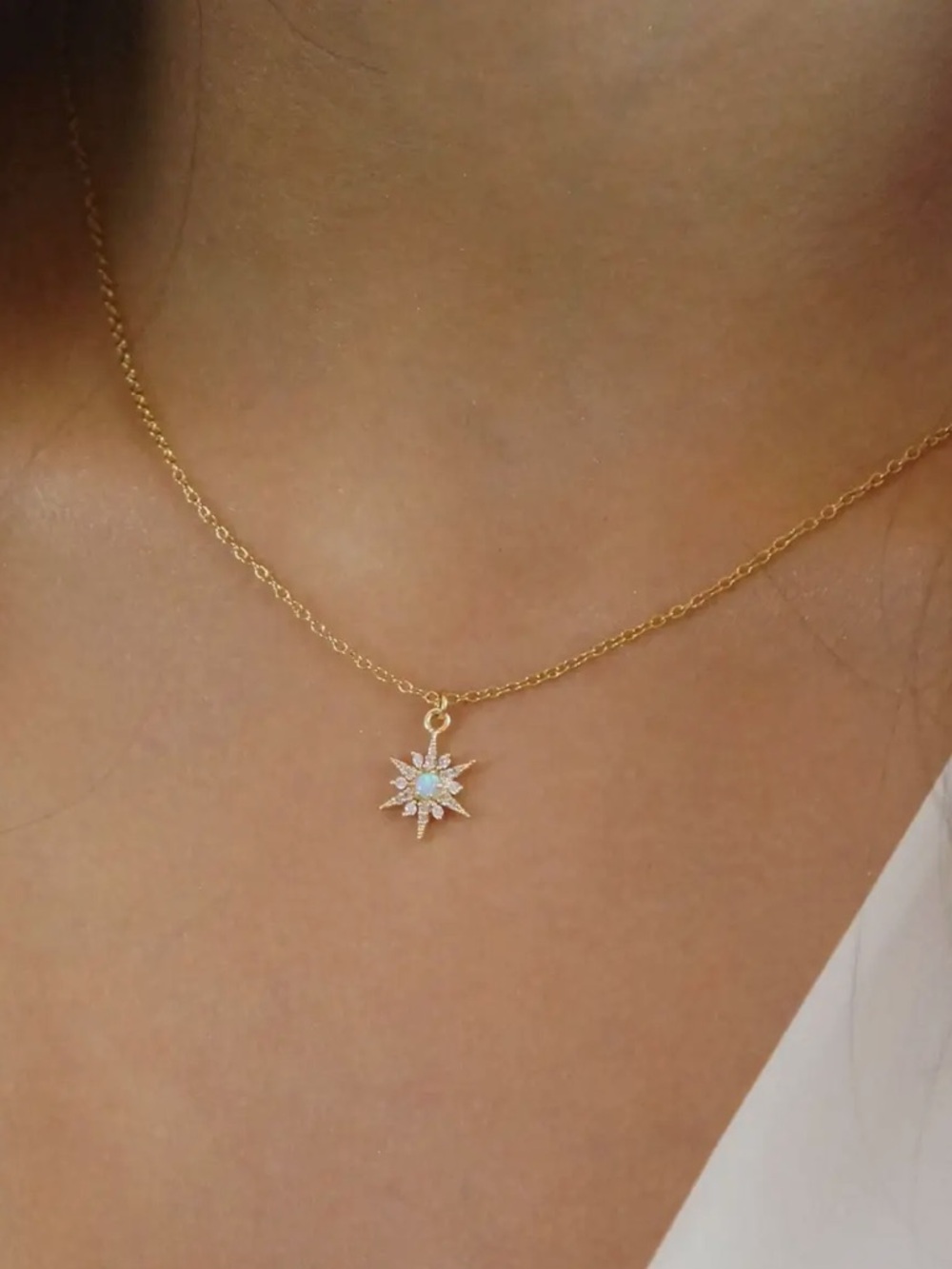 Radiant 14k Gold Plated Starburst Necklace with Opal Center
